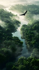 Wall Mural - A bird's eye view of the misty forest, with an eagle soaring above it. The river flows through the valley surrounded by dense green trees