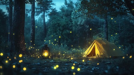 Wall Mural - A serene forest scene at night, with a glowing lantern and tent, surrounded by the flickering lights of fireflies,