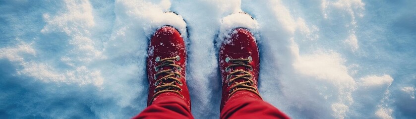 Poster - Vibrant red boots standing on a snowy surface, capturing the essence of winter adventures and outdoor exploration.