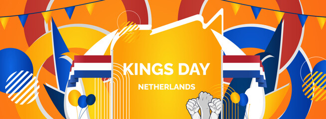 Wall Mural - Happy Netherlands National Day Banner. Modern horizontal poster with Dutch flag, raised fist and typography. Greeting card template for King's day or Liberation day, holidays and sport events