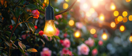 Wall Mural - Botanical background with pink blooming roses, glowing string garlands, lantern at the evening garden. Romantic ambience in backyard. Bokeh,lights, blurred backdrop. Generative ai	