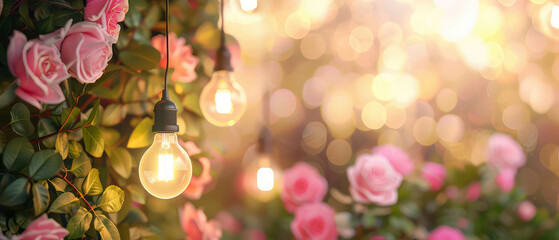 Wall Mural - Botanical background with pink blooming roses, glowing string garlands, lantern at the evening garden. Romantic ambience in backyard. Bokeh,lights, blurred backdrop. Generative ai	