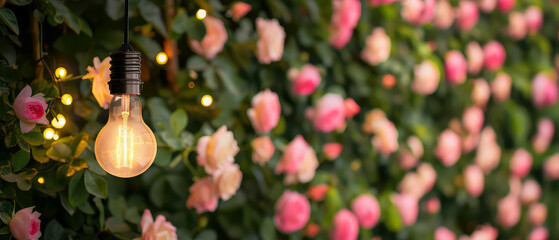 Wall Mural - Botanical background with pink blooming roses, glowing string garlands, lantern at the evening garden. Romantic ambience in backyard. Bokeh,lights, blurred backdrop. Generative ai	