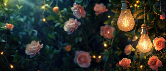 Wall Mural - Botanical background with pink blooming roses, glowing string garlands, lantern at the evening garden. Romantic ambience in backyard. Bokeh,lights, blurred backdrop. Generative ai	