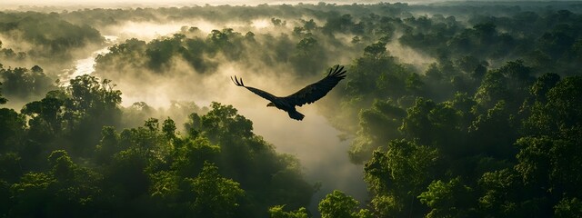 Wall Mural - A bird's eye view of the misty forest, with an eagle soaring above it. The river flows through the valley surrounded by dense green trees