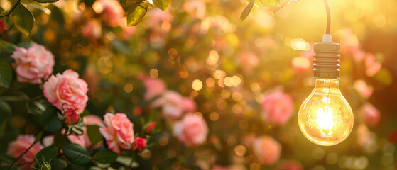 Wall Mural - Botanical background with pink blooming roses, glowing string garlands, lantern at the evening garden. Romantic ambience in backyard. Bokeh,lights, blurred backdrop. Generative ai	