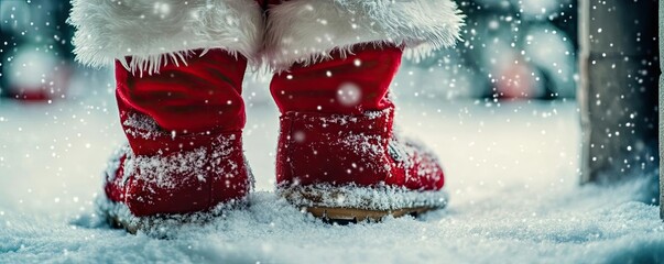 Poster - Close-up of festive red boots in snow, evoking a cheerful winter atmosphere and the magic of the holiday season.
