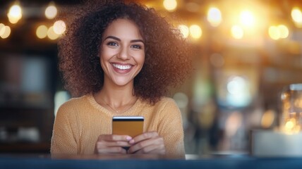 Poster - A woman with curly hair is smiling and holding a cell phone