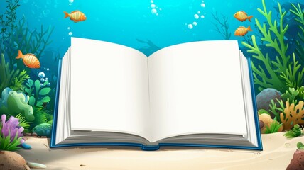 A book is open on a beach with fish swimming in the background