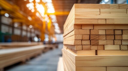 Wall Mural - A stack of wood is piled up in a factory