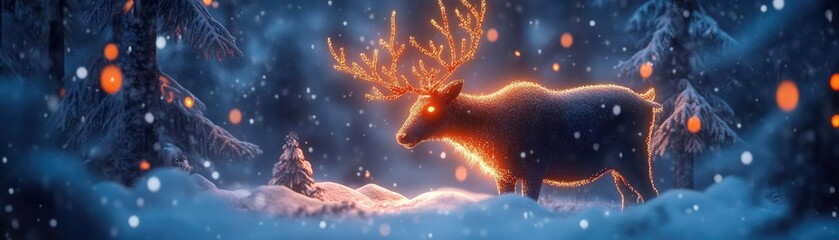 Poster - A majestic deer stands in a snowy forest illuminated by glowing lights, creating a serene winter wonderland scene.