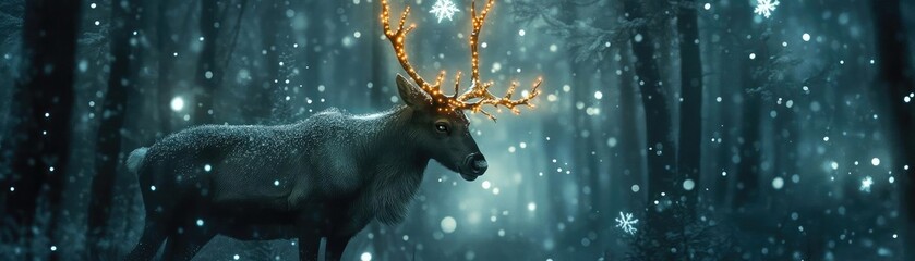 Poster - A majestic deer with glowing antlers stands in a serene, snowy forest, surrounded by gently falling snowflakes.