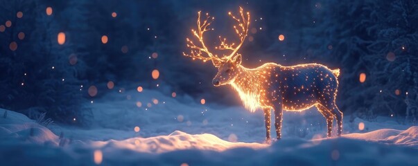 Poster - A magical deer illuminated by shimmering lights in a serene snowy landscape, evoking a sense of winter wonder and tranquility.