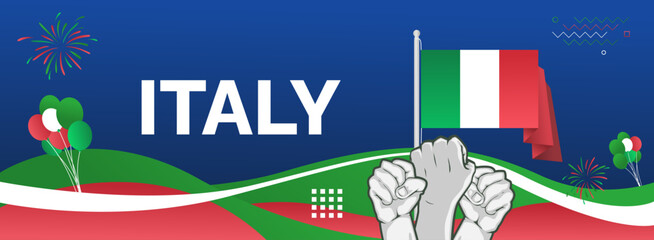 Wall Mural - Italy National Day banner. Latest horizontal poster with Italian flag, raised fist and typography. Modern background for Republic day and Liberation day greeting cards, holidays, or sport events.