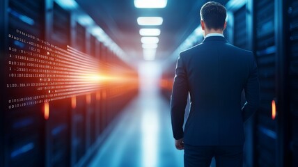 Poster - A man in a suit stands in front of a computer screen with a red line