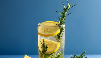 Wall Mural - Invigorating Lemon Rosemary Beverage Against a Blue Backdrop