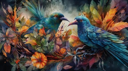 Wall Mural - Two vibrant blue birds amidst colorful foliage and flowers.