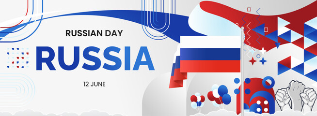 Wall Mural - Happy Russia Day Banner. Latest horizontal poster with Russian flag, raised fist and typography. Modern abstract art for national holiday greeting cards, web headers and sporting events.