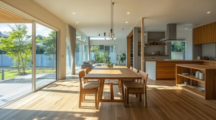 Sticker - A stylish, minimalist dining room featuring wooden furniture, clean lines, and natural light from large windows