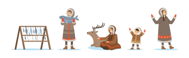 Wall Mural - Eskimo Characters in Traditional Clothing as Life in the Far North Vector Set