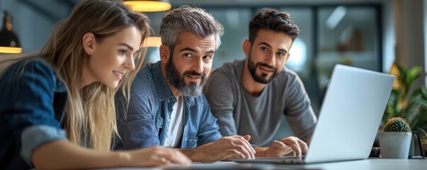 Poster - A group of business professionals collaborating on a project around a laptop in a modern office environment