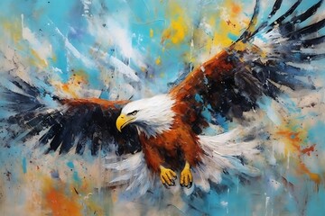 Wall Mural - Vibrant painting of an eagle in flight against a colorful background.