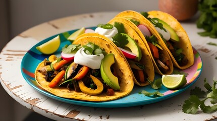 Wall Mural - Homemade vegan tacos filled with vegetables, beautifully arranged on a colorful plate, perfect for food photography.
