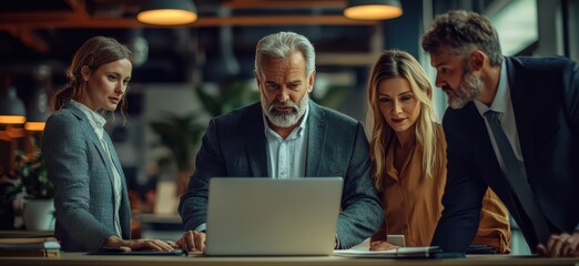 Poster - A professional group of business people engaged in a serious discussion around a laptop in a modern office environment
