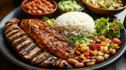 Wall Mural - A meal with grilled chicken, steak, rice, beans, salad, and farofa.