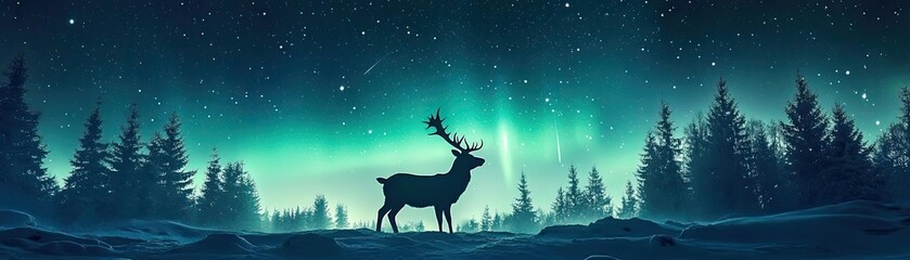Poster - A serene silhouette of a deer against a stunning aurora borealis, surrounded by tranquil winter forest scenery.