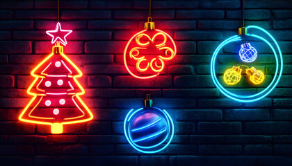 Poster - neon chirsmas symbols on brick wall