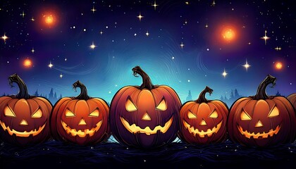 Spooky Halloween Pumpkin Faces with a Starry Night Sky - A row of grinning jack o lantern silhouettes along the bottom of the design. Graphic art illustration