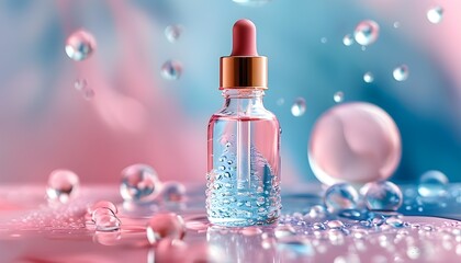 Canvas Print - Hydration Essence in Glass Serum Bottle Against Soft Pastel Abstract Background