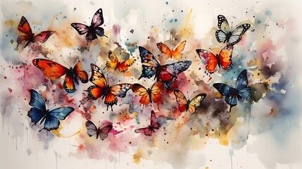 Canvas Print - Vibrant watercolor painting of colorful butterflies in flight.