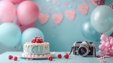 Wall Mural - Photography Day with cake photography Day greeting card