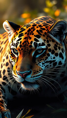 Wall Mural - A close up of a leopard's face with a bright yellow background