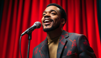 Wall Mural - African american man comic with old microphone on theater stage on red curtains background. Concept banner standup comedian show isolated with white highlights, png