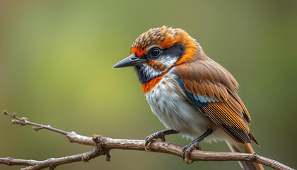 A bird is perched on a branch with a flower in its beak