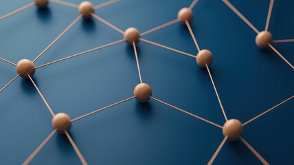 Abstract network structure with interconnected wooden spheres and strings on blue background, representing connection, technology, and communication.