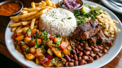 Wall Mural - A meal with rice, beans, french fries, and meat.