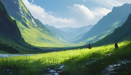 Serene Mountain Valley Embraced by Lush Green Hills with Two Figures in the Distance Evoking Scale and Solitude