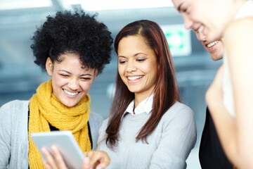 Poster - Business people, tablet and meeting in office for social media, research and video with collaboration. Creative agency, technology and diversity in workplace for teamwork, communication and planning