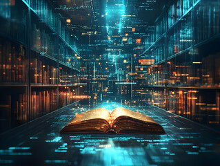 Wall Mural - Digital Library Illustration: Open Book with Glowing Code in Library