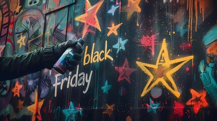 A large sale featuring a gloved hand holding a spray can of paint painting graffiti-style text Black Friday with stars on a black background