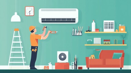 Wall Mural - A handyman conducting air conditioner installation in a living room, with tools neatly arranged and a ladder positioned for easy access to the system