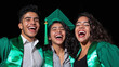 © Luluraschi - three Latino students celebrating graduation, wearing casual clothes under their gowns