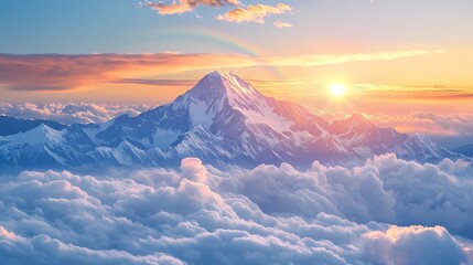 Majestic mountain peak at sunset with colorful clouds and a gentle rainbow.