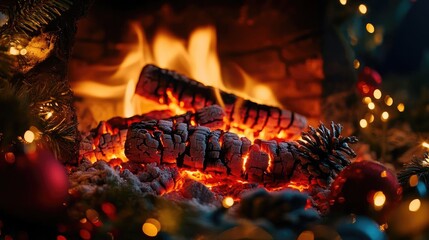 Poster - Cozy fireplace with glowing embers and festive decorations, perfect for winter scenes and holiday warmth.