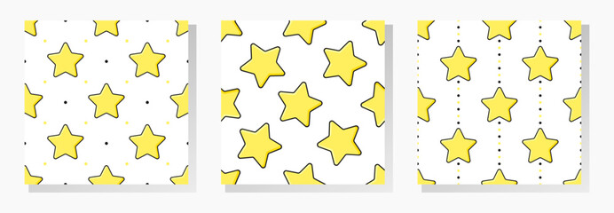 Wall Mural - Yellow stars with black outline on white dotted background. Vector seamless patterns collection.