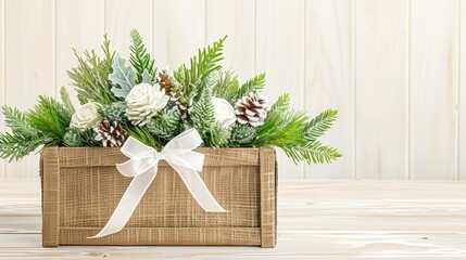 Poster - A rustic pine cone and evergreen foliage in an old brown kraft paper container with a white ribbon